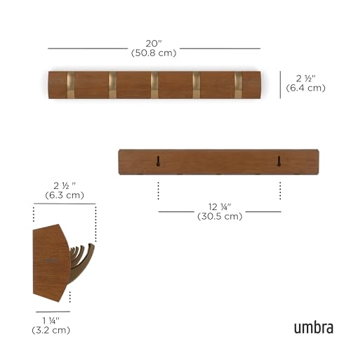 Umbra Flip Coat Rack, Wall Mounted 5-Hook Space Saving, Walnut/Gold | Real wood and steel build, retractable hooks fold flat, holds coats bags and scarves, easy install - color: Walnut/Gold, size: 5-Hook