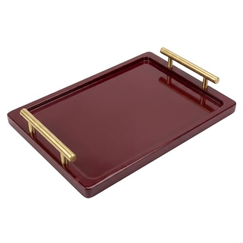 PEKER Wooden Serving Tray with Metal Handles, Black Decorative Coffee Table Tray for Breakfast in Bed, Ottoman & Home Décor, Wooden Food Tray for Kitchen - color: Burgundy