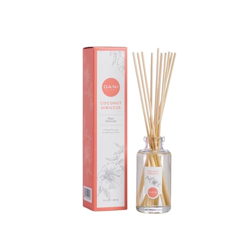 DANI Naturals Coconut Hibiscus Reed Diffuser Set, Vegan, 3 fl oz | Vegan,alcohol-free reed diffuser,Continuous fragrance with natural reeds,Tropical coconut hibiscus scent,Made in USA