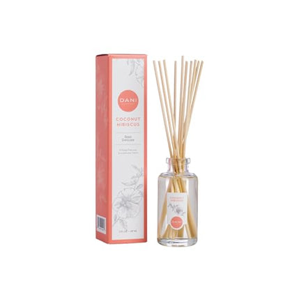 DANI Naturals Coconut Hibiscus Reed Diffuser Set, Vegan, 3 fl oz | Vegan,alcohol-free reed diffuser,Continuous fragrance with natural reeds,Tropical coconut hibiscus scent,Made in USA