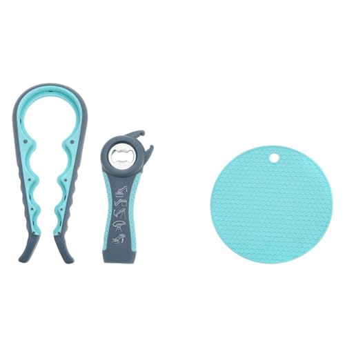 3 Piece Jar Opener Labor Saving Tool Set For Seniors Arthritis Weak Hands | Lever eases arthritic wrist strain dual honeycomb silicone mat heat trivet compact dishwasher safe gift for elderly seniors - color: grey and blue