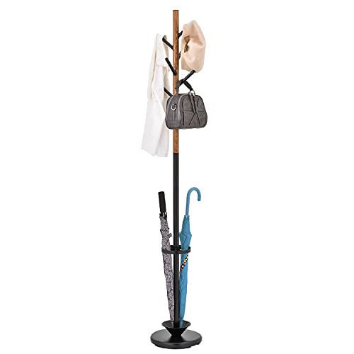 MyGift Freestanding Metal Entryway Coat Rack and Umbrella Stand with Sturdy Round Base and 6 Faux Wood Hanger Hooks - color: Black