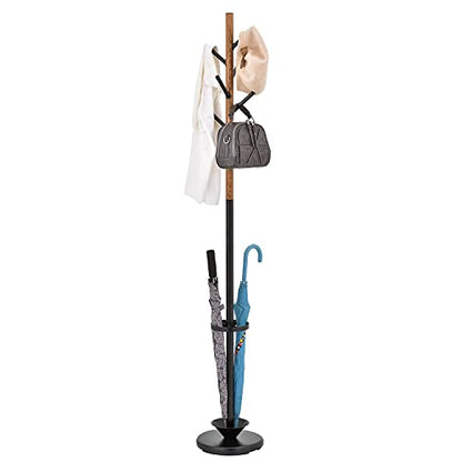 MyGift Freestanding Metal Entryway Coat Rack and Umbrella Stand with Sturdy Round Base and 6 Faux Wood Hanger Hooks - color: Black