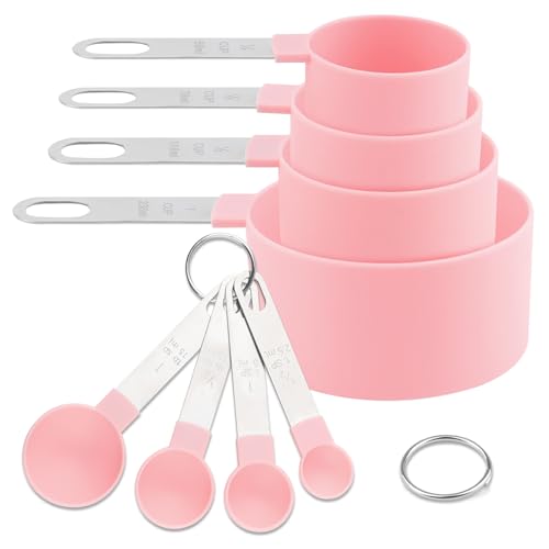 8 PCS Tainless Steel Measuring Cups and Spoons Set, Nesting Measuring Cup and Spoon Set for Precise Cooking Measurements in the Kitchen, Pink - color: Pink