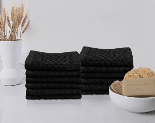 COTTON CRAFT Euro Spa Waffle Wash Cloth - Set of 12 Black Washcloth | Luxury Face Towel Set - 100% Cotton - Soft Plush Absorbent Low Lint Quick Dry - Gym Shower Beach Bath Kitchen - 12x12 inches - color: Black, size: 12 Pack Wash Cloths