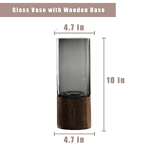 Artistic Wood Glass Vase, 10" H, Wooden Base Cylindrical Flower Vase, Classic Boho Rustic Style for Fireplace Bedroom Kitchen Living Room Centerpieces Office Desk