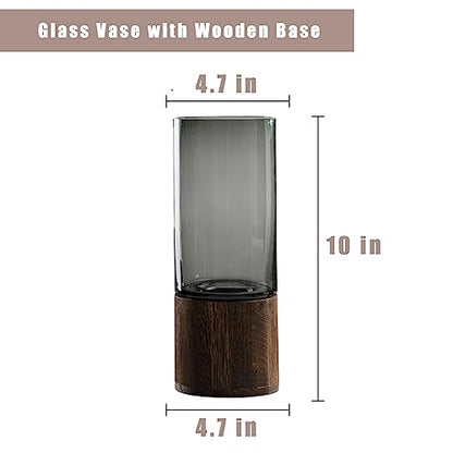 Artistic Wood Glass Vase, 10" H, Wooden Base Cylindrical Flower Vase, Classic Boho Rustic Style for Fireplace Bedroom Kitchen Living Room Centerpieces Office Desk