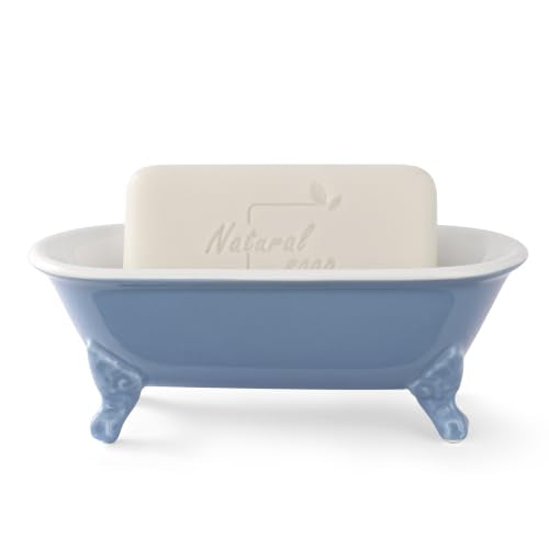 6.5" Ceramic Mini Clawfoot Bathtub Soap Dish, Blue | Decorative, Kitchen Sponge Holder, Shower Tray, 1 Pack - color: Blue