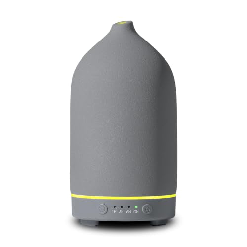 200ML Ceramic Essential Oil Diffuser for Home, Stone Diffuser | Ultrasonic Aromatherapy Diffuser & Air Humidifier for Bedroom, Office, Yoga, 7 LED Lights, Auto Shut-Off, 3 Timers, Grey - color: Grey