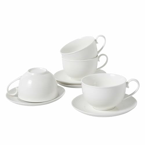 10OZ Porcelain Cappuccino Cups with Saucers, Ceramic Espresso Cups Set, White Coffee Cup and Saucer, White Tea Cup Set, Dishwasher & Microwave Safe, Gift for Anniversary or Housewarming (4PCS) ﻿