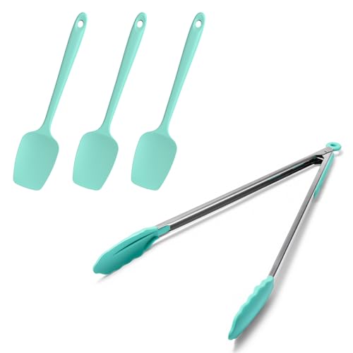 Doosu 16in Kitchen Tong for Cooking - 600°F Heat Resistant Food Tong with Non-Scratch Silicone Tips & 600°F Heat Resistant Silicone Spoon Spatula Set of 3 Cooking Spoons for Stir Mixing (Aqua Sky)
