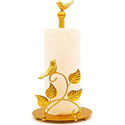 Gold Paper Towel Holder Countertop Golden Bird Decor Cast Iron Solid Birds and Leaves for Home Gold Kitchen Decor Unique Paper Towel Holder Golden