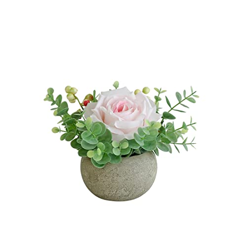 Small Artificial Light Pink Rose Potted Plant, 6" Fake Silk Flowers in 3.5" Round Pot, Mini Faux Floral Arrangement for Desk Shelf Bathroom Decor - color: Light Pink