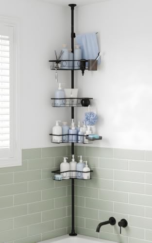 4-Tier Corner Shower Caddy Tension Pole Organizer, Black | Rustproof, Adjustable No-Drill Shelf, 22.24-119.69 in, Bathroom Storage with Soap and Toothbrush Holders, Towel Bar and Hooks