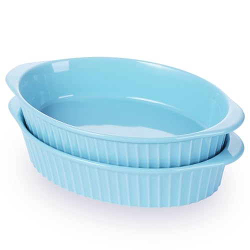 LEETOYI Porcelain Small Oval Au Gratin Pans, Baking Dish Set for 1 or 2 person servings, Bakeware with Double Handle for Kitchen and Home, Set of 2 (Turquoise) - color: Turquoise