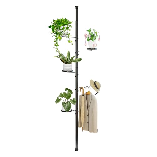 BAOYOUNI 5 Tier Plant Pole Stand Adjustable Tension Rod Flower Rack Black | Spring Loaded Flower Display Rack Storage Shelf Organizer for Indoor Plants, Closet, Kitchen, Bathroom - No Tools Required - color: Black, size: 1 x 5 Tier