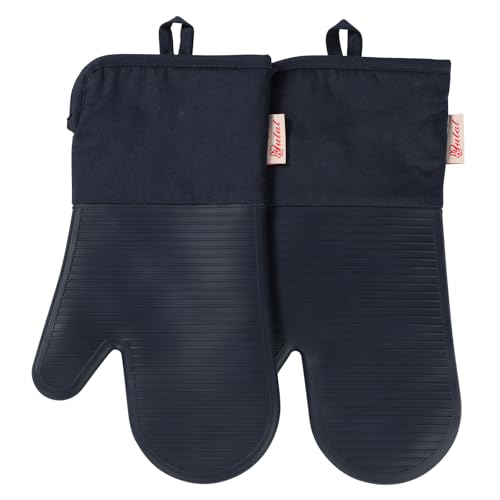 YUTAT Silicone Oven Mitts,High Heat Resistant Up to 500 Degrees,Waterproof Cooking Gloves with Soft Polyester Filling,Kitchen Potholder Set - Perfect for BBQ,Baking and Cooking,2 Pcs Set(Deep Blue) - color: Dark Blue-striped Surface, size: 13“L x 7"W-2 Pi