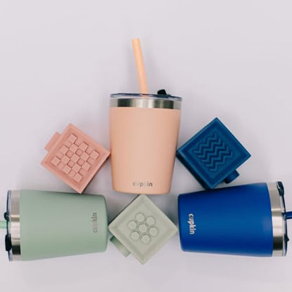 CUPKIN Toddler Tumblers, The Original 12 oz Stackable Stainless Steel Cups, Set of 2 Powder Coated Insulated Kids Water Bottle Alternative + BPA Free Lids + Reusable Silicone Straws (Cobalt + Mint) - color: Cobalt + Mint, size: 12 Fl Oz (Pack of 2)