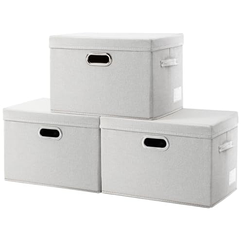Large Collapsible Storage Bins with Lids [3-Pack] Fabric Foldable Storage Boxes Organizer Containers Baskets Cube with Cover for Home Bedroom Closet Office Beige(17.3x11.8x11.8) - color: Beige, size: L(3-Pack)