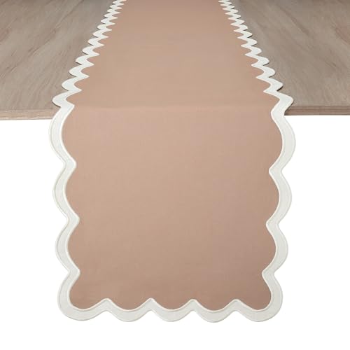 Folkulture Fall Table Runner 90 Inches Long | Brown Scalloped | Table Runner for Dining Table Decor, 100% Cotton, Machine Washable, Party, Farmhouse Decor, Thanksgiving Decorations - size: 14" x 72", style: Sand Dune