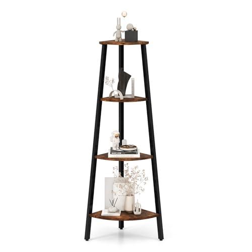 GIANTEX Corner Shelf, 4-Tier Industrial Corner Bookshelf with Metal Frame, Rustic Corner Bookcase Storage Shelves Rack, Tall Wood Corner Shelf Plant Stand for Bedroom Living Room (Rustic Brown)