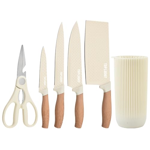 Knife Set, Wiztoynia 6-Piece Beige Kitchen Knife Set for Home, Anti-Rust Non-stick Stainless Steel Sharp Chef Knife Set with Universal Knife Block for Kitchen, Ergonomical Design (Beige) - color: Beige