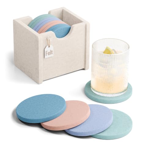 Fluxynara Felt Coasters with Holder, Set of 8 for Drinks, Coastal Haze | Round Felt Coasters, Absorbent, Heat-Resistant & Reusable for Drinks, Ideal for Coffee Tables and Living Rooms, 3.94 Inch - color: Coastal Haze, size: Round - 8 Count