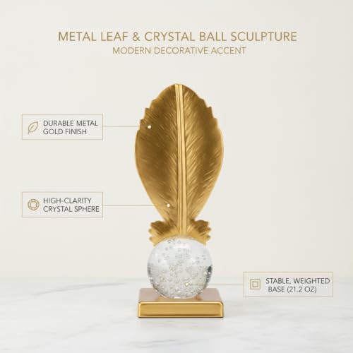 for Shelf, Desk, or Console Table Display: Modern Geometric Metal Leaf and Crystal Ball Sculpture Accent (1 PC) - size: 3.27 x 3.27 x 6.46 in