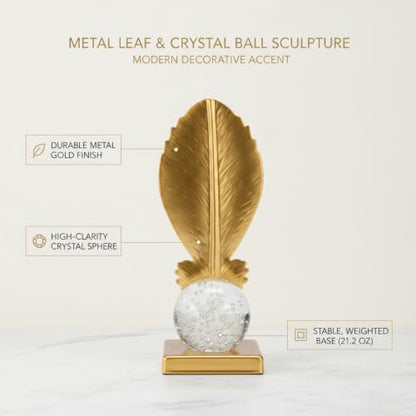 for Shelf, Desk, or Console Table Display: Modern Geometric Metal Leaf and Crystal Ball Sculpture Accent (1 PC) - size: 3.27 x 3.27 x 6.46 in