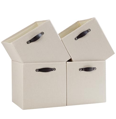 Cube Storage Bins | 13"x15"x13", Beige, 4 Pack | Multi-Size | 2X Thick Support Board | Vegan Leather Handles | 7.7 oz/yd² Fabric | Drawer Insert Basket Fits KALLAX - color: Candlelit Beige, size: 13"x15"x13"