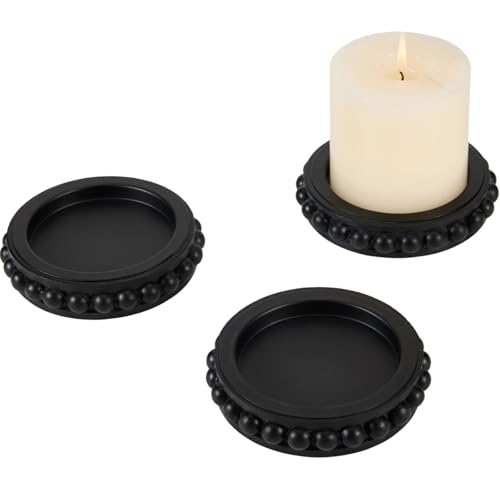 Wooden Candle Holders for Pillar Candles, Set of 3 Wood Beaded Plate with Metal Cup Inserts, 4 Inch Rustic Farmhouse Tray Stand for Fireplace Mantel, Table Centerpiece Decor - Black - color: Black