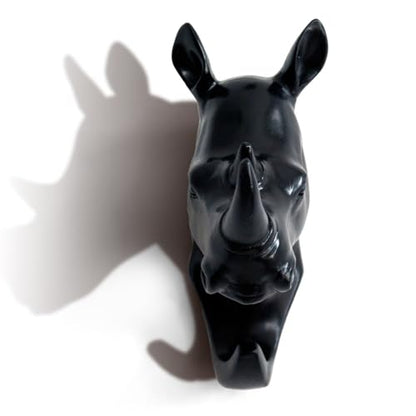 Rhino Head Single Wall Hook/Hanger, Black | Animal Shaped, Heavy Duty, Rustic Decorative, Coat Hat Hook - color: Rhino-Black