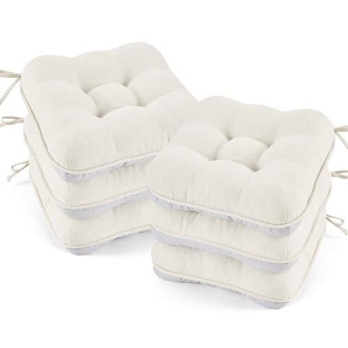 BETU White Chair Cushions for Dining Chairs Set of 6,3.5" Thick Kitchen Table Chair Pads with Ties,Non Slip Backing and Covers, Seat Cushion for Dining Room,Bar,Patio Chairs,15.5"X15.5"X3.5",White - color: Almond Cream, size: 15.5"x15.5"x3.5" (6 Pack)