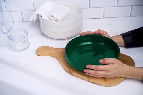 KooK Ceramic Large Pasta Bowls, Microwave and Dishwasher Safe, Great for Soups and Salads, Shallow Serving Bowls, Glossy Porcelain, 47 oz, Set of 4, Hunter Green - color: Hunter Green