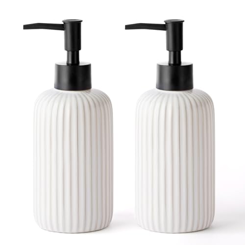 White Hand Soap Dispensers for Bathroom, 15oz Ceramic Dish Soap Dispenser for Kitchen, Refillable Liquid Pump Bottles for Shampoo, Lotion, Conditioner, Modern Farmhouse Decor for Bathroom - color: Ribbed-white