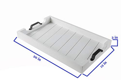 Bamboo Land- Large Wooden Serving Tray with Handle, 20” X 12’’, White, Wooden Tray with Handles, Serving Tray with Handles - color: White