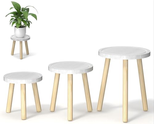 3-Pack Wood Plant Stands Indoor, Single Plant Stand for 6-12 Inch Pots, Mid-Century Modern Plant Stool, Tall Plant Stand for Large Plants for Living Room, Balcony, Office (White) - color: White Tray with Wood Color Legs, size: 3 Pack
