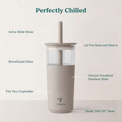 REDUCE Aspen - 20oz Vacuum Insulated Glass Tumbler - Extra Wide Straw & Lid | Keeps drinks cold for 12 hours, ideal for iced coffee, smoothies & boba, dishwasher safe, soft base - color: Sand