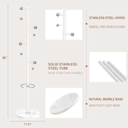 Coat Rack Stand, White Metal Coat Rack Freestanding with 8 Hooks | Coat Rack with Natural Marble Base,Modern Coat Hanger Stand, 3 Adjustable Coat Clothes Tree Stand for Office - color: White-8 Ball Hooks
