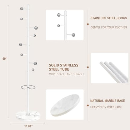 Coat Rack Stand, White Metal Coat Rack Freestanding with 8 Hooks | Coat Rack with Natural Marble Base,Modern Coat Hanger Stand, 3 Adjustable Coat Clothes Tree Stand for Office - color: White-8 Ball Hooks