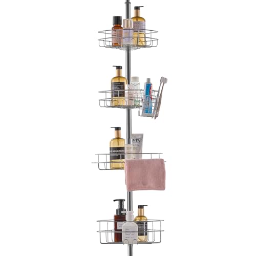 VEVOR Corner Shower Caddy Tension Pole, 4 Tier Adjustable Rustproof Organizer Shelves for Bathroom & Washroom, 42-114inch High, Silver - color: Silver