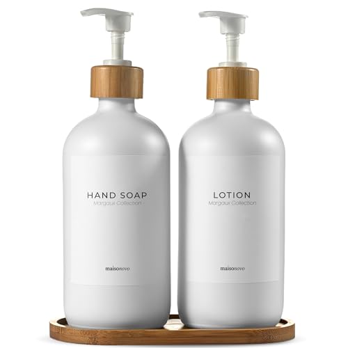 MaisoNovo Glass Soap Dispenser Bathroom Set of 2-16.9 oz Bathroom Soap Dispenser Set - White Glass Bottles x 2 with White Bamboo Pumps & Tray - color: White Bottles/ White Bamboo Pumps