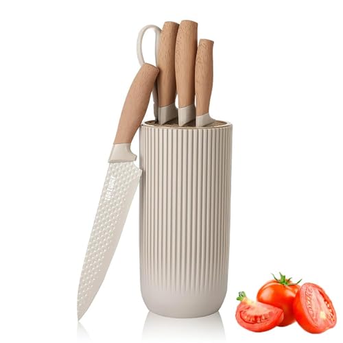 Knife Set, Wiztoynia 6-Piece Khaki Kitchen Knife Set for Home, Anti-Rust Non-stick Stainless Steel Sharp Chef Knife Sets with Universal Knife Block for Kitchen, Ergonomical Design (Khaki) - color: Khaki