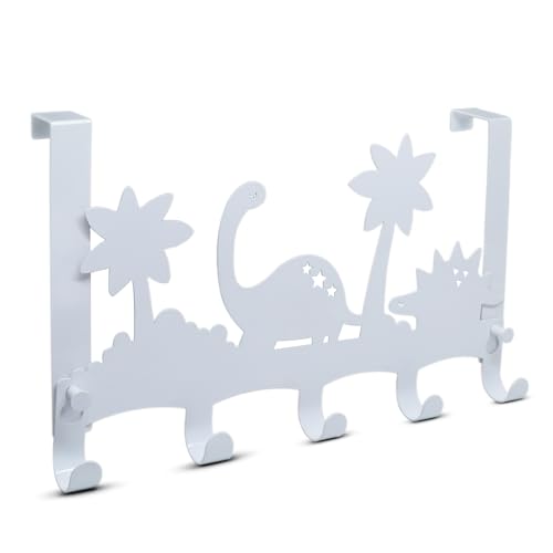 Lily's Home Dino Design Over the Door Hooks - White Behind Door Hanger with 5 Hooks for Clothes & Towels - Easy Install Coat Rack Load 11 Lb. - 14.96" Wide - Ideal for Kids' Rooms & Bathrooms