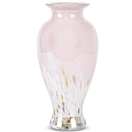 11.8" Tall Pink Glass Vase Beautiful Hand Blown Glass Vase Modern Art Home Decor, Wide Mouth Colorful Vases for Mantle Dining Table Centerpiece, Entryway Living Room Wedding Decoration - color: Pink