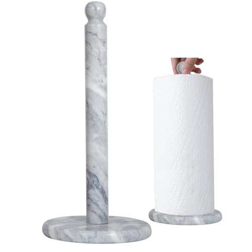 Natural Marble Paper Towel Holder for Kitchen Countertop - 2.6 lbs (1.2kg) Heavy Duty Weighted Base for One-Handed Tearing - Fits Jumbo Rolls - Elegant Modern Design with Ball Top - White & Grey - color: White & Grey