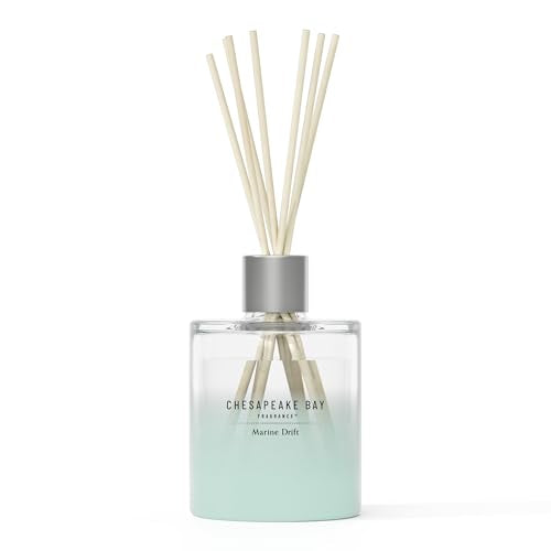 Chesapeake Bay Mood-Evoking Reed Diffuser, Marine Drift Scent, Sea Glass-Inspired Jar, Room Filling Fragrance Made with Essential Oils, Coastal Fragrance for Home Décor or Gifting - color: Marine Drift