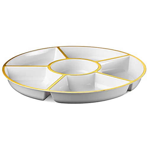 Plasticpro 6 Sectional Round Plastic Serving Tray/Platter (4, White & Gold) - color: White & Gold