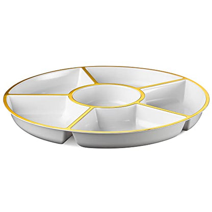 Plasticpro 6 Sectional Round Plastic Serving Tray/Platter (4, White & Gold) - color: White & Gold