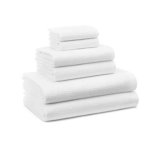 TOWN & COUNTRY BASICS 6-Piece Assorted Waffle Woven Terry Stripe Set, 2 Bath Towel, 2 Hand Towel, 2 Washcloth, 100% Cotton, Quick Dry, White - color: White